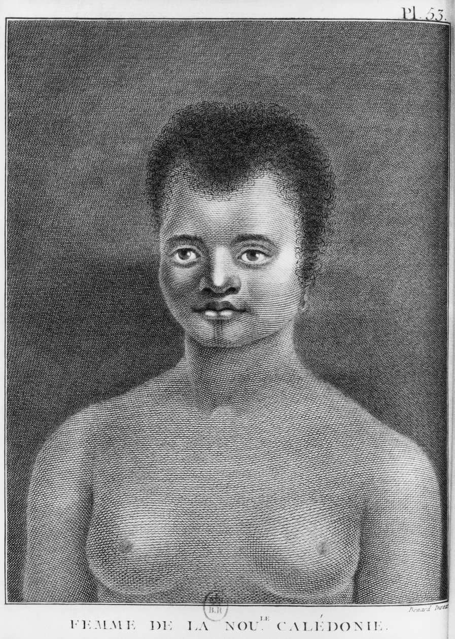 Új-Kaledóniai nő, Benard metszett (18. század) illusztrációja a „James Cook kapitány második útja, 1774-ből” alkotó: French School