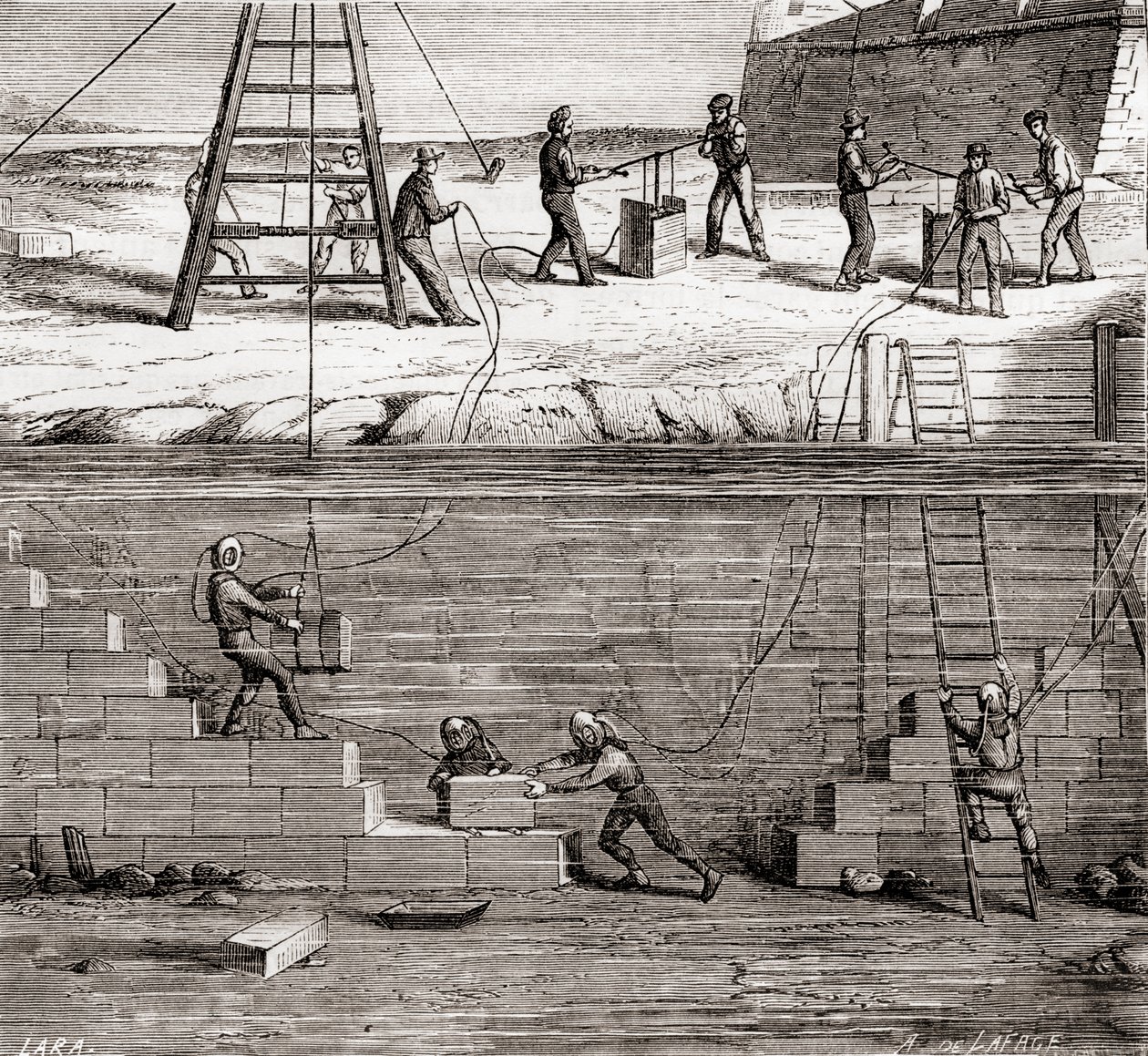 Búvárruhás munkások, akik víz alatti építkezéseken dolgoztak a 19. században, a Les Merveilles de la Science-ből, 1870 körül alkotó: French School