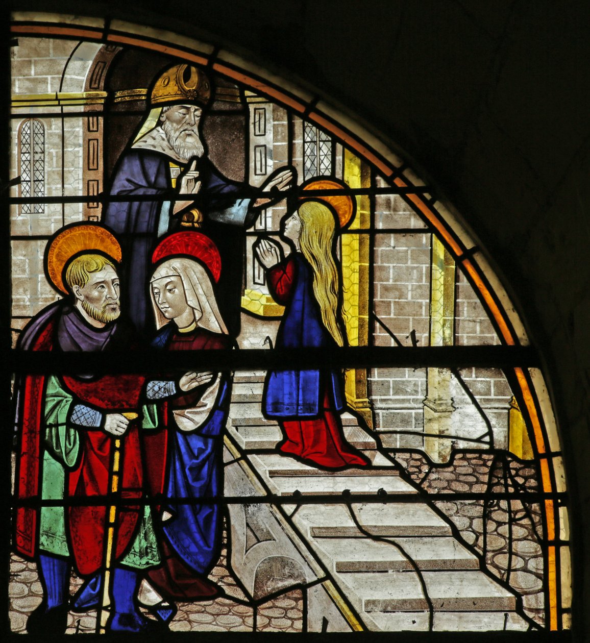 Szűz Máriát ábrázoló ablak Történet: század (többnyire modern): Bemutatás a templomban, 16-20. század (többnyire modern) alkotó: French School