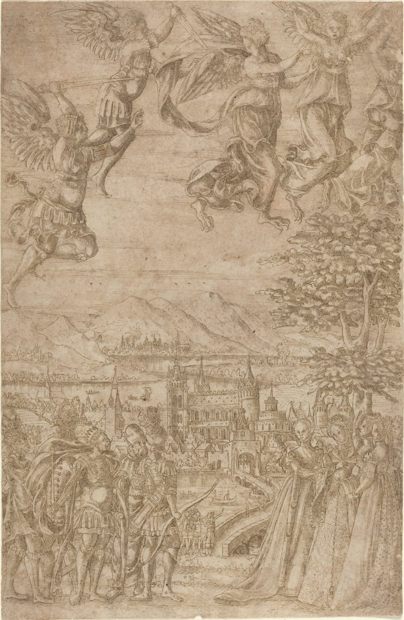 Egy király és kísérete mennyei csata alatt száll szembe a hölgyekkel alkotó: French 17th Century