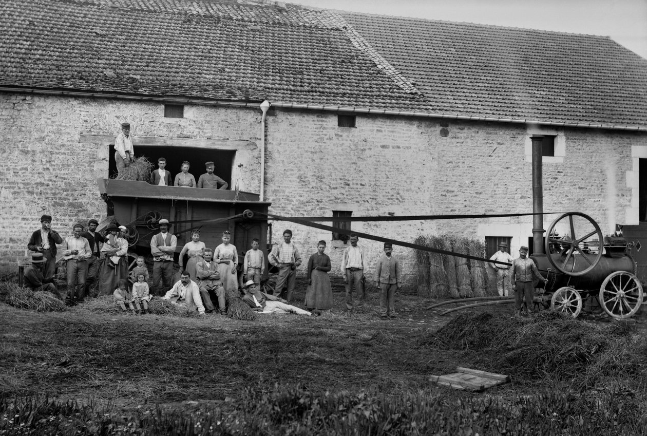 Mezőgazdasági munkások és a sajtó szénacsizmát kötöttek egy farmon Bourmont közelében Haute-Marne-ban (Haute Marne), 1890 körül. Fényképészet. Ducos kollekció. alkotó: French Photographer