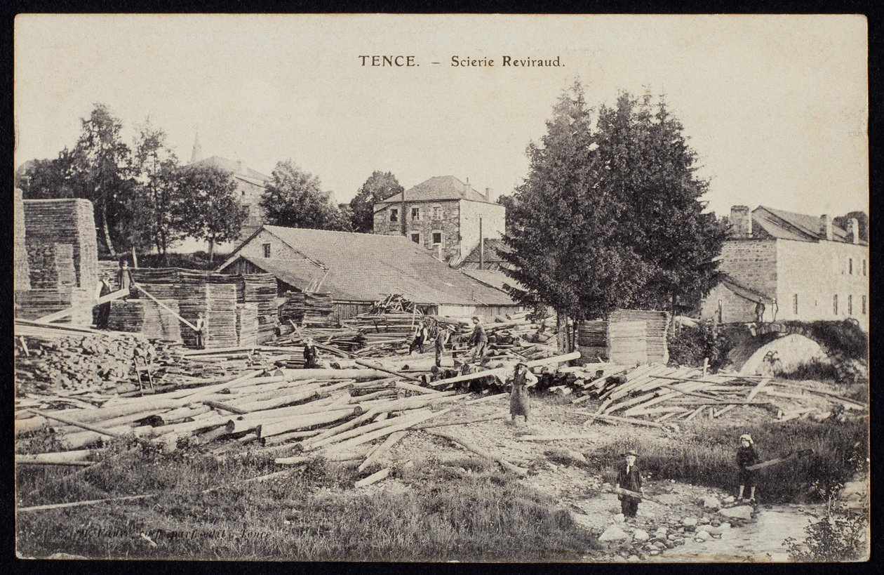 Képeslap, amely a Reviraud fűrésztelepet ábrázolja Tence-ben, Haute-Loire, 1900 körül alkotó: French Photographer