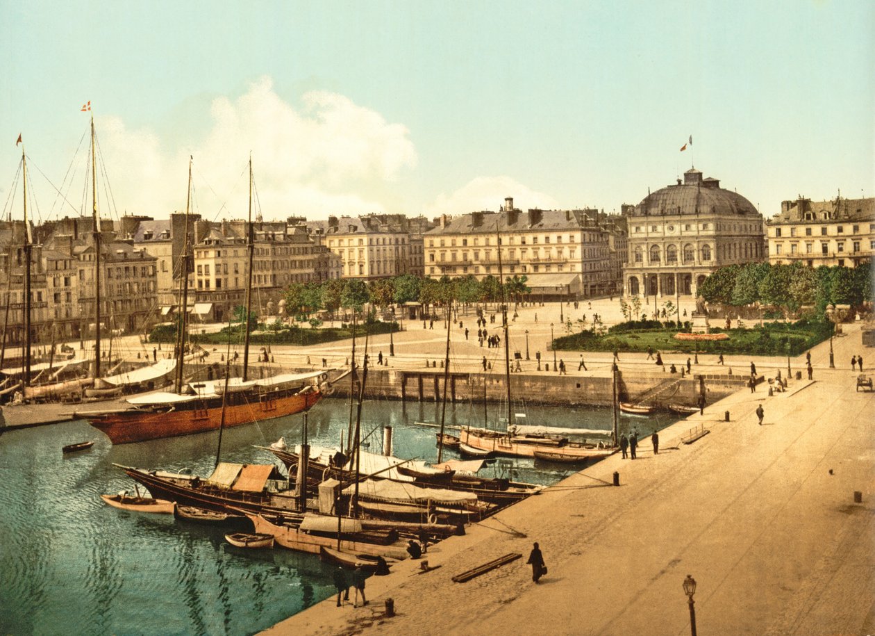 Kilátás a La Place Gambettára a rakpartról, Le Havre, kocsma. 1890-1900 alkotó: French Photographer