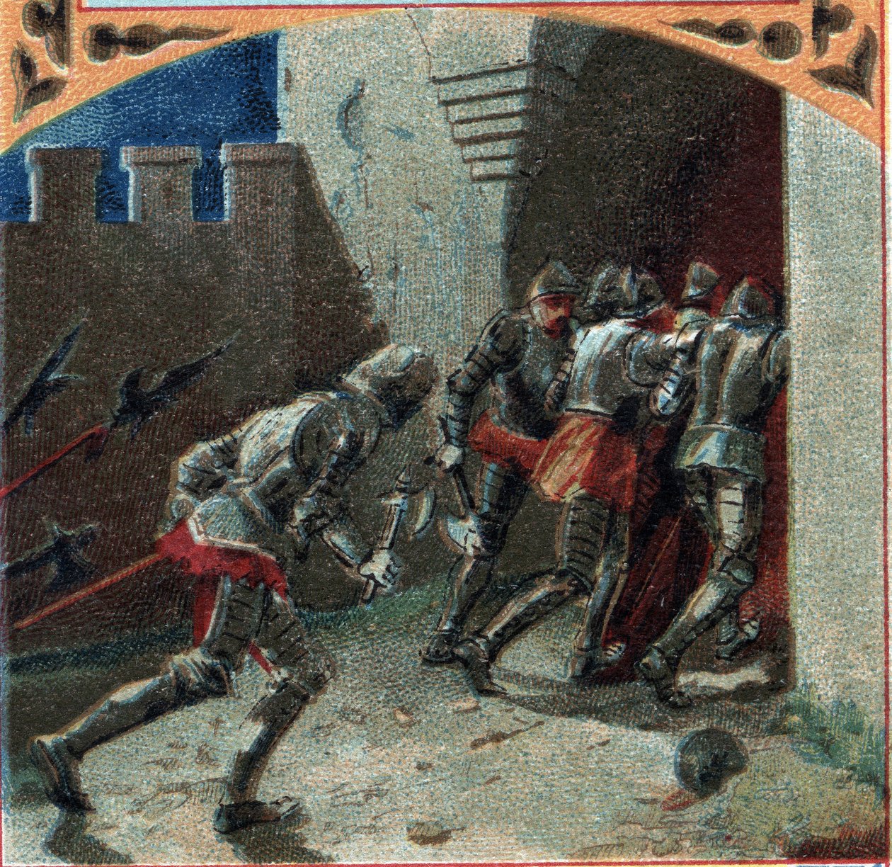 100 éves háború: a burgundok serege árulással elfoglalta Pierrefonds várát (XIV. század). A 19. század végének kromolitográfiája alkotó: French School