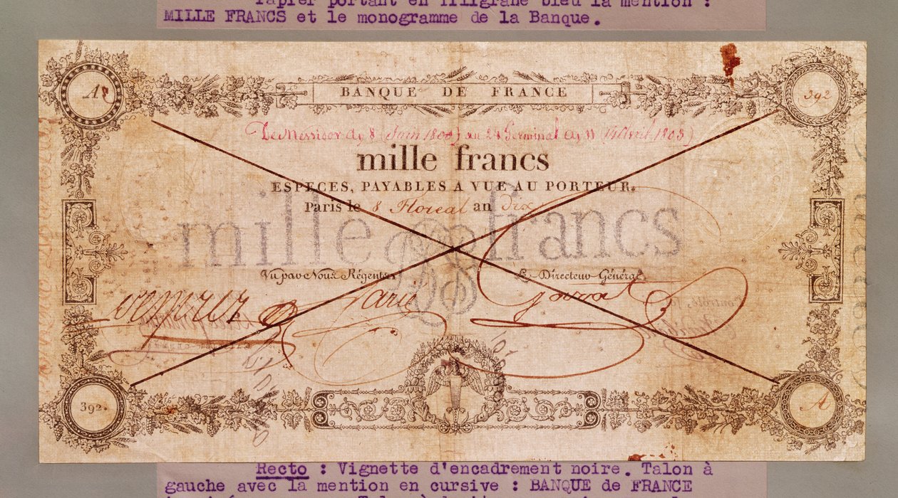 8 Floreal, An X 1000 frank bankjegye (1802. április 28.) (tintával, papíron) alkotó: French School