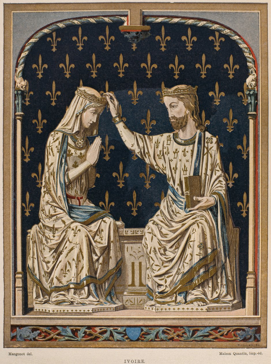 Szűz 14. századi koronázása, elefántcsont a Louvre-ból, illusztráció Henry Havard Dictionnaire de lameublement et de la dekorációjából, 3. kötet, 1. tábla, Paris, Maison Quantin, 1878 (co. alkotó: French School
