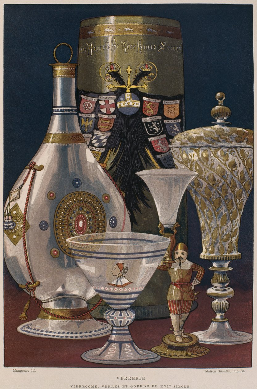 16. századi üvegáru, illusztráció Henry Havard Dictionnaire de lameublement et de la dekorációjából, 4. kötet, 61. tábla, Párizs, Maison Quantin, 1878 alkotó: French School