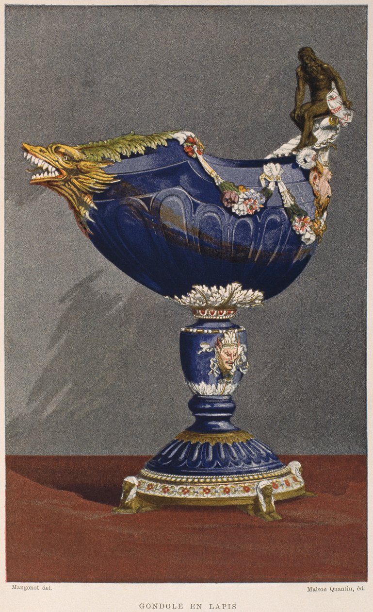 16. századi gondola alakú csésze lapis lazulival kirakva, zománcozott és ezüst aranyozással, illusztráció Henry Havard Dictionnaire de lameublement et de la dekorációjából, 2. kötet, tányér alkotó: French School