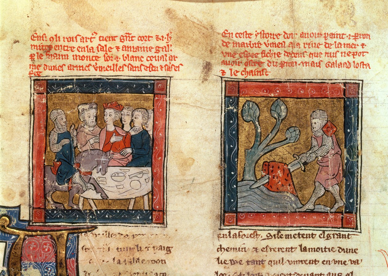 184 Fr.110 f.405 Galahad Arthurhoz érkezik, és Galahad kihúzza a kardot a Camelot-i folyóban lebegő kőből, 1250-80 körül (lásd még: 150479) alkotó: French School