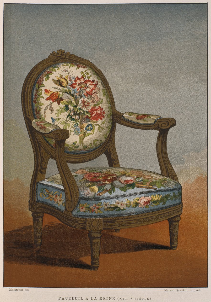18. századi a la reine karosszék virágos kárpittal, illusztráció Henry Havard Dictionnaire de lameublement et de la dekorációjából, 4. kötet, 29. tábla, Paris, Maison Quantin, 1878 (színes alkotó: French School