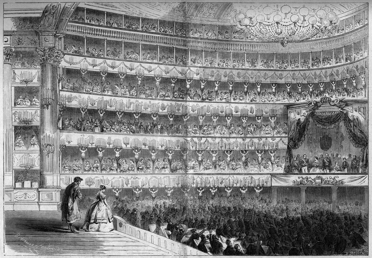 18. századi építészet: a Theatre Royal (Teatro Regio) belső képe Torinóban (Olaszország) egy gálaműsorban január 23-án alkotó: French School