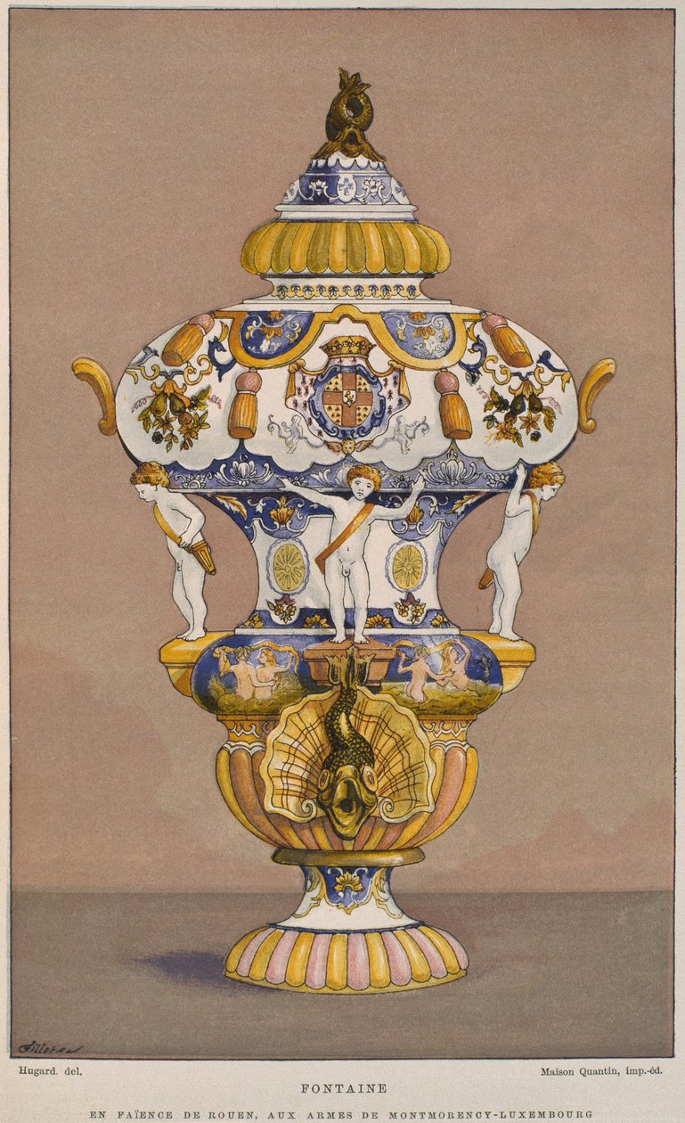 18. századi fajansz szökőkút Montmorency Luxembourg címerével, Rouenben gyártott, illusztráció Henry Havard Dictionnaire de lameublement et de la decoration 2. kötetéből, alkotó: French School