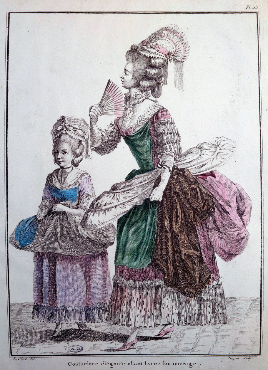 18. századi divat: egy elegáns tervező, aki munkáit szállítja, a női ruházat alátámasztására használt bálnákkal szegett alsószoknya. 1778-as Párizs metszete, díszítőművészet alkotó: French School