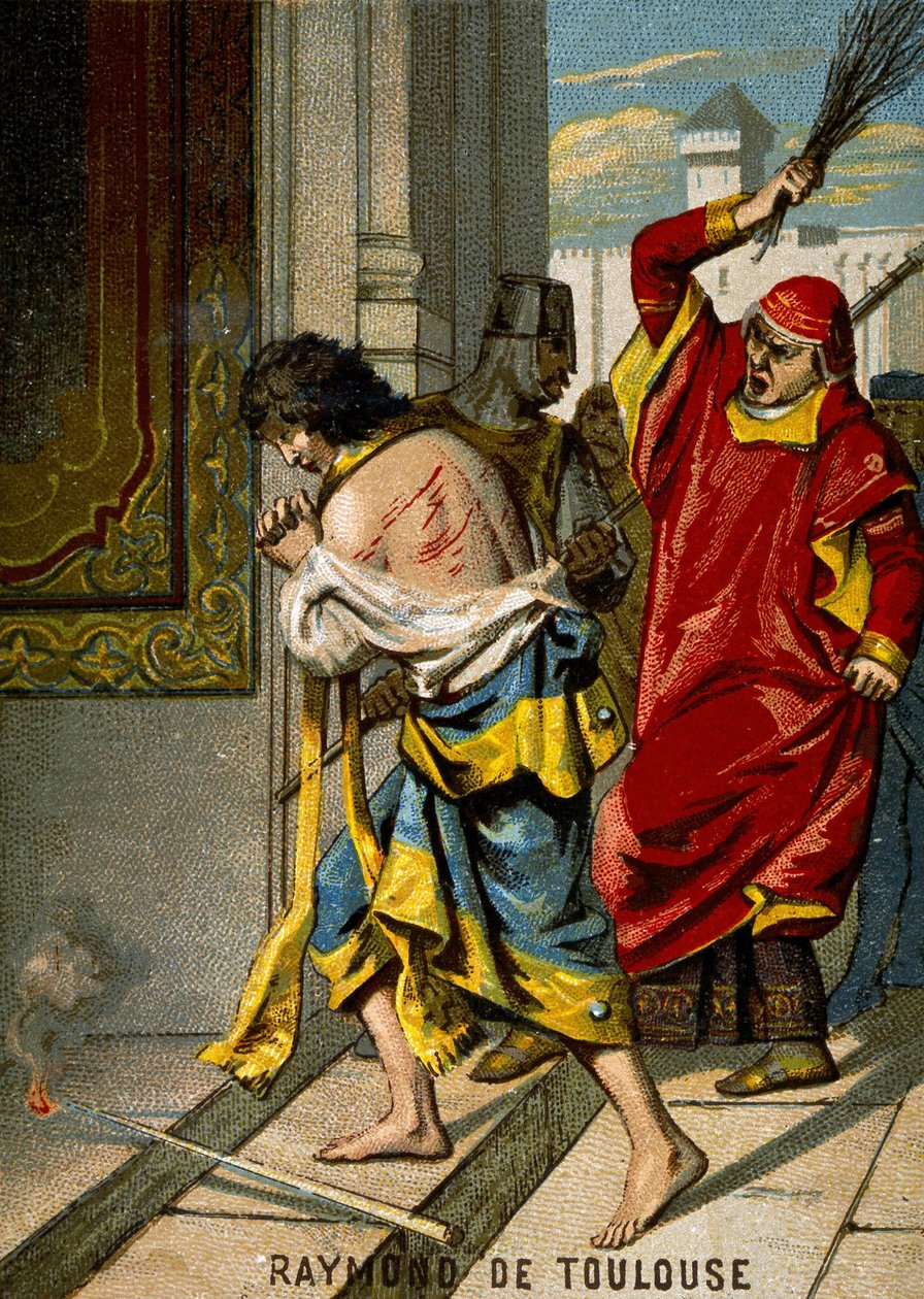1209.06.22. VI. Raymond Toulouse grófja, akit III. Innocentus pápa kizárt, mert nem üldözte a katarokat, azzal vádolja, hogy ő volt Pierre de Castelnau meggyilkolásának felbujtója. Chromolithogra alkotó: French School