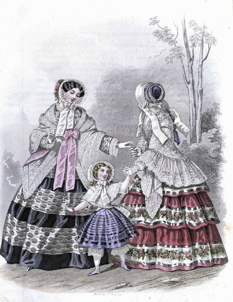 2 divatos nő egy sétáló lánnyal – a „Journal des Demoiselles”-ben, 1852. alkotó: French School