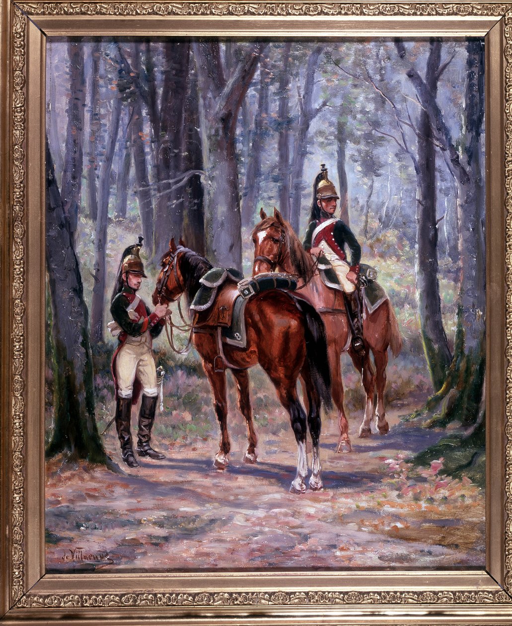 A 8. sárkányok 2 lovasa, felderítőként elment, 65 x 58 cm-es festmény, De Villeneuve, katonai festő, 19. század vége olajfestménye. alkotó: French School