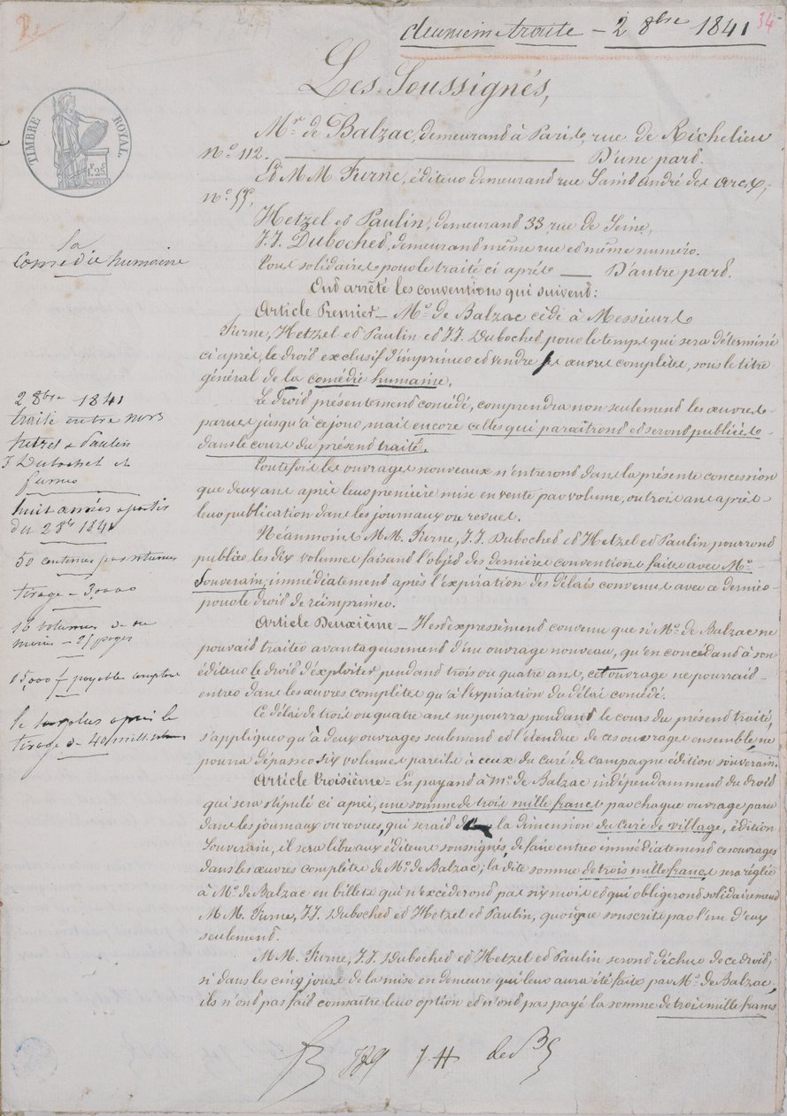 A La Comedie Humaine című 2. szerződéses dokumentum Honore de Balzac (1799-1850) és Hetzel, Paulin, Dubochet és Charles Furne kiadó között, 1841. október 2. alkotó: French School