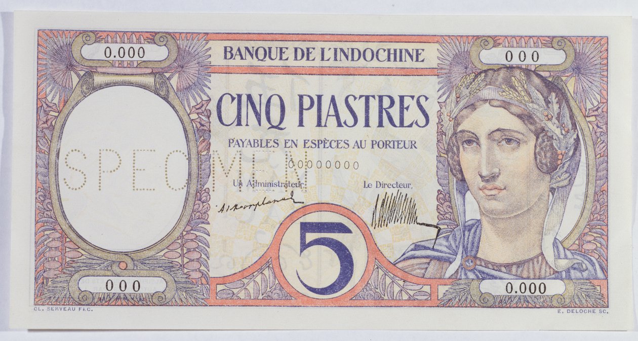 5 Piastres bankjegy, az indokínai banktól (papír) alkotó: French School