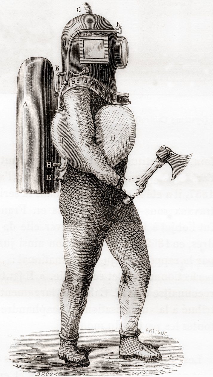 19. századi amerikai mélytengeri búvárruha, a „Les Merveilles de la Science”-ből, 1870 körül megjelent (metszet) alkotó: French School