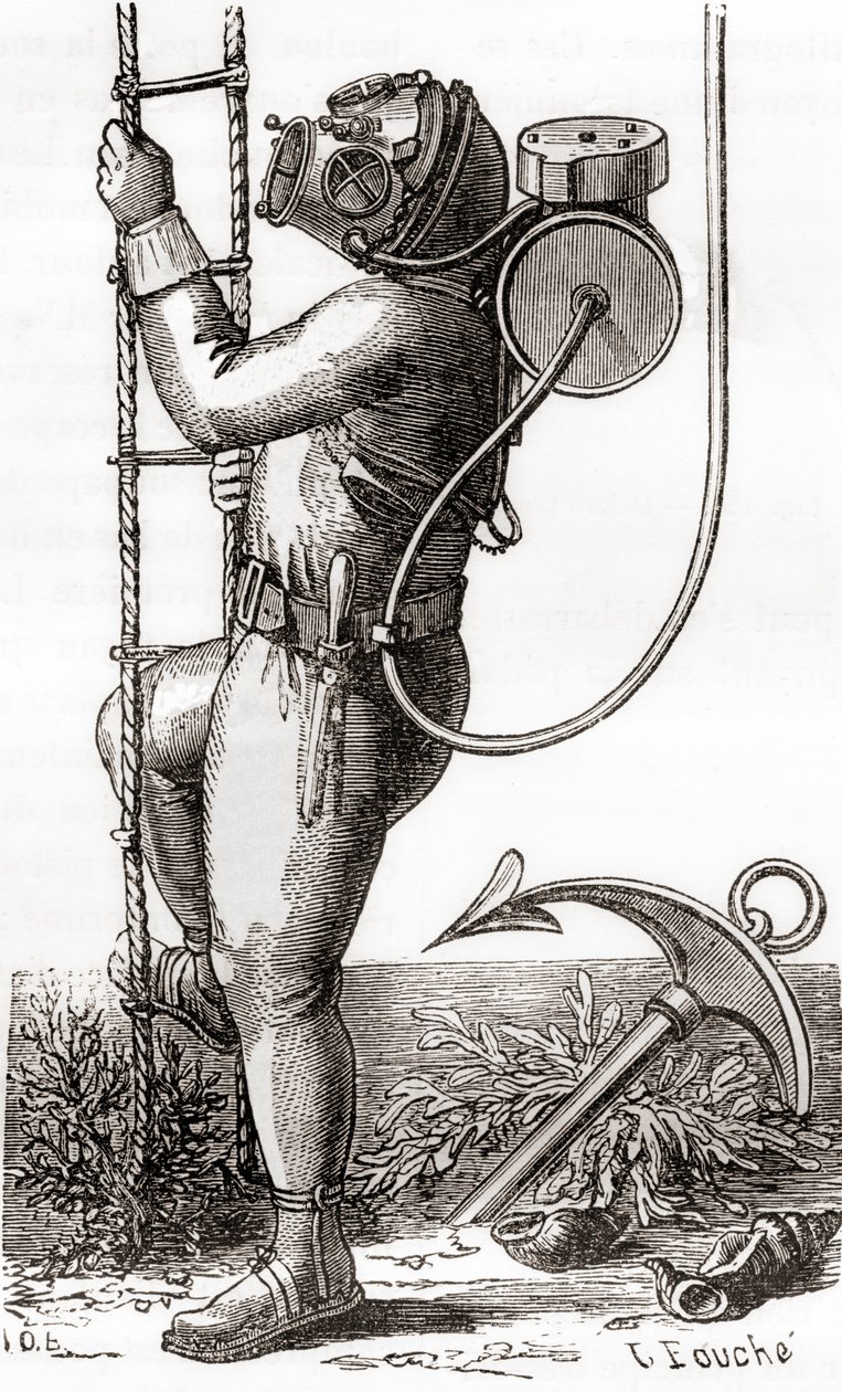 Egy 19. századi mélytengeri búvár, aki gumibevonatú búvárruhát visel sisakkal és tankszabályzóval, a „Les Merveilles de la Science”-ből, 1870 körül (metszet) alkotó: French School