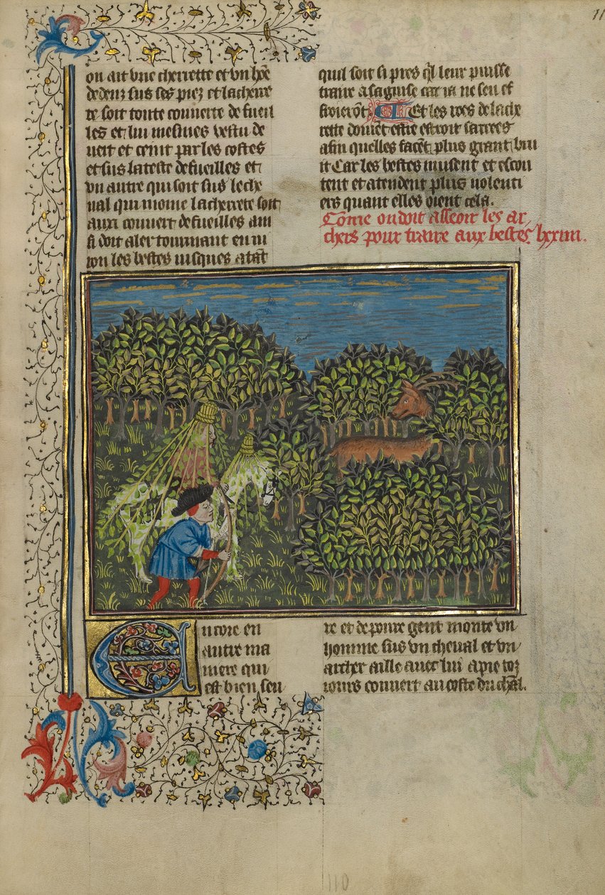 Egy terepszínű lovas és egy íjász közeledik egy szarvashoz, 1430-40 körül (tempera, arany és ezüst festék és aranylevél pergamenen) alkotó: French School