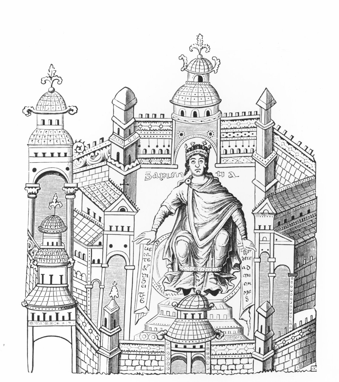Karloving király a palotájában, az egész emberi fajt megszólító Bölcsességet megszemélyesítő, egy kéziratos miniatűr után, amelyet Horace de Viel-Castel gróf (1798-1864) másolt. alkotó: French School