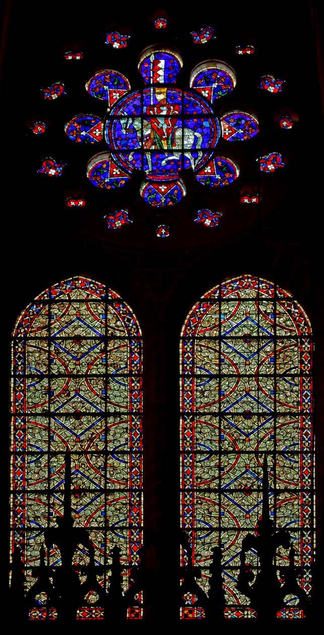 Egy De Montfort-lovag a rozettában két grisaille ablak fölött (w108) alkotó: French School