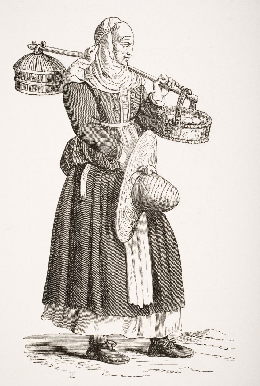 Tojáskereskedő, Cesare Vecellio (1521-1601) 16. századi fametszete nyomán Paul Lacroix (1806-84) "Le Moyen Age et La Renaissance" című művéből, 1847-ben. alkotó: French School