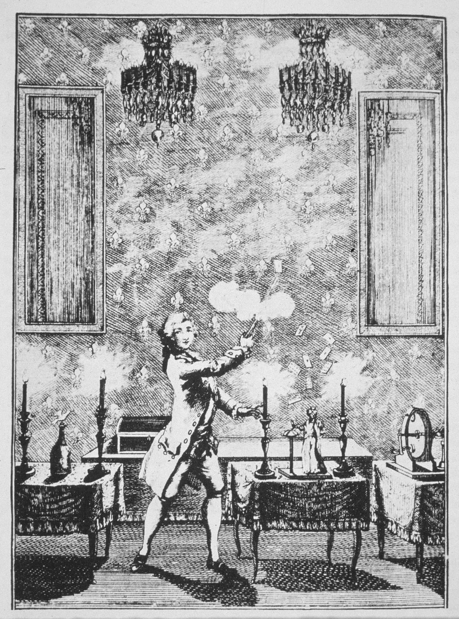 A varázslás bemutatója a La magie Blanche devoilee-ből, Decremps, 1659, a 19. század végén megjelent A mágiatörténetben illusztrálva alkotó: French School