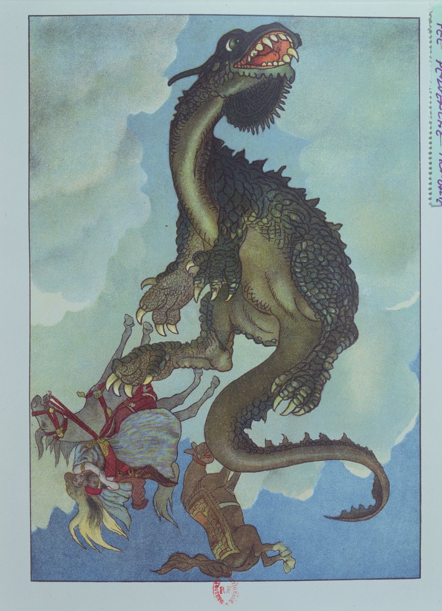 Az égből hulló sárkány, illusztráció a magyar meséből, "Pervenche tündér története", 1910 körül (színes litó) alkotó: French School