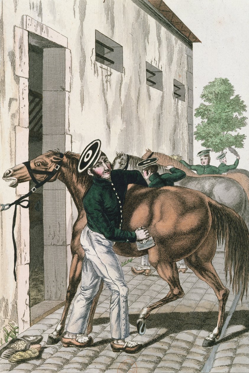 Egy dragonyos, aki a lovát ápolja, 257-es tábla francia birodalmi katonák sorozatából, 1800-1010 alkotó: French School