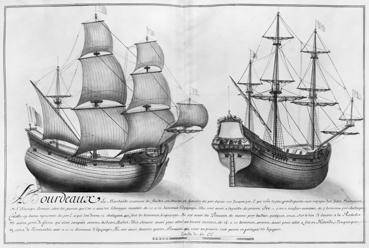 Egy holland bolthajó és egy pinasse, Bordeaux, illusztráció a „Desseins des differentes manieres de ships ... from Nantes to Bayonne...” című könyvből, 1679 (ceruza és wc papíron) alkotó: French School