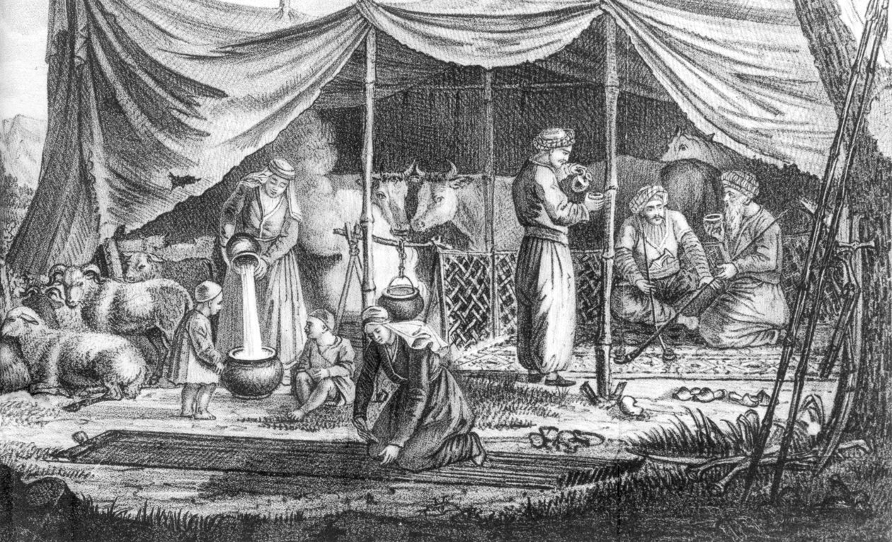 A kurd nomádok családja, Gaspard Drouville Voyage en Perse című művéből, 1825-ben alkotó: French School