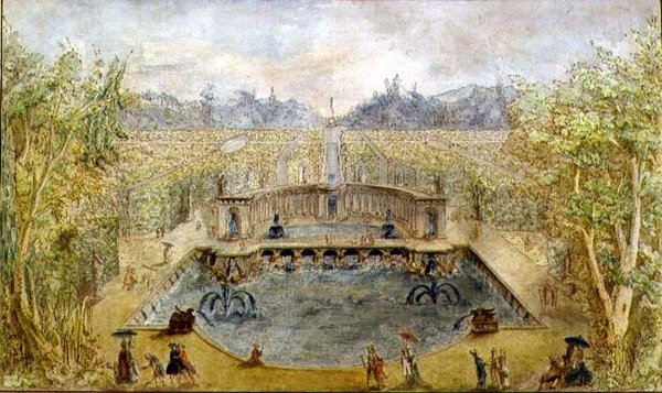 Egy hivatalos kert szökőkutakkal, 1770 körül (toll, tinta és akvarell papíron) alkotó: French School