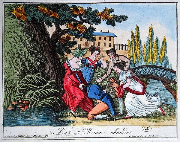 A "La Main Chaude" ("Forró kakas") játék, XIX. század eleje (színes metszet) alkotó: French School
