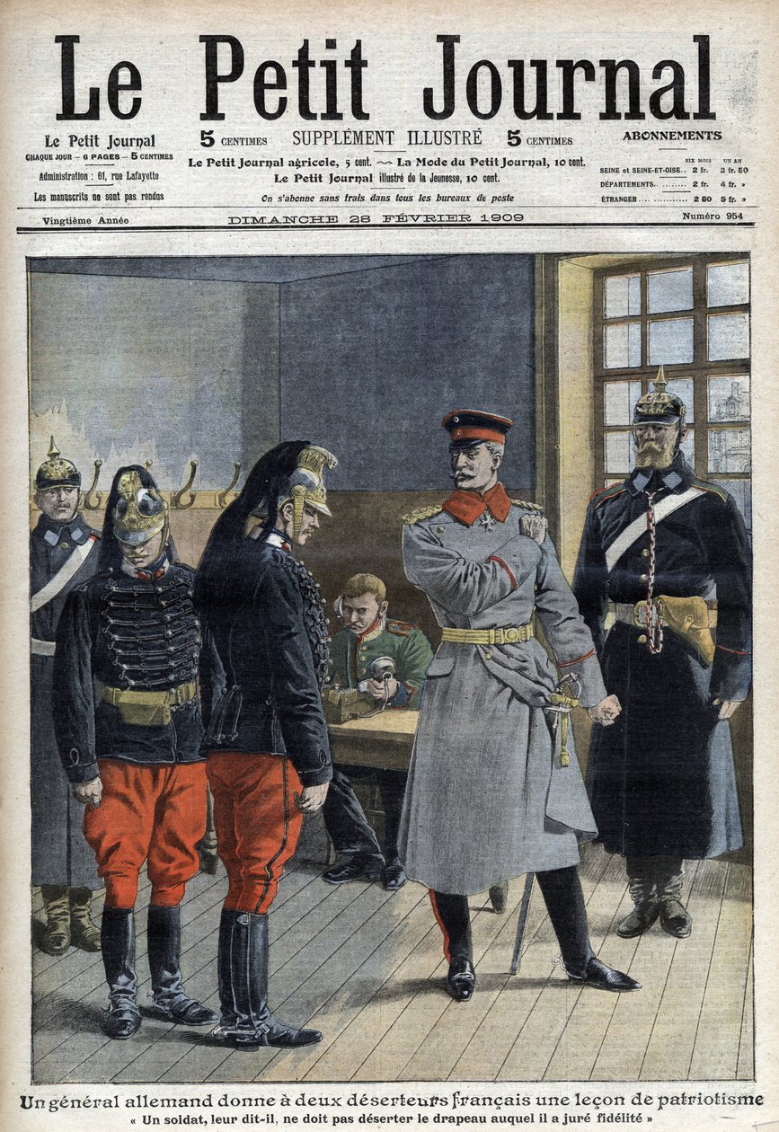Egy német tábornok hazaszeretet leckét ad két francia dezertőrnek (egy határ menti ezred sárkányának). alkotó: French School
