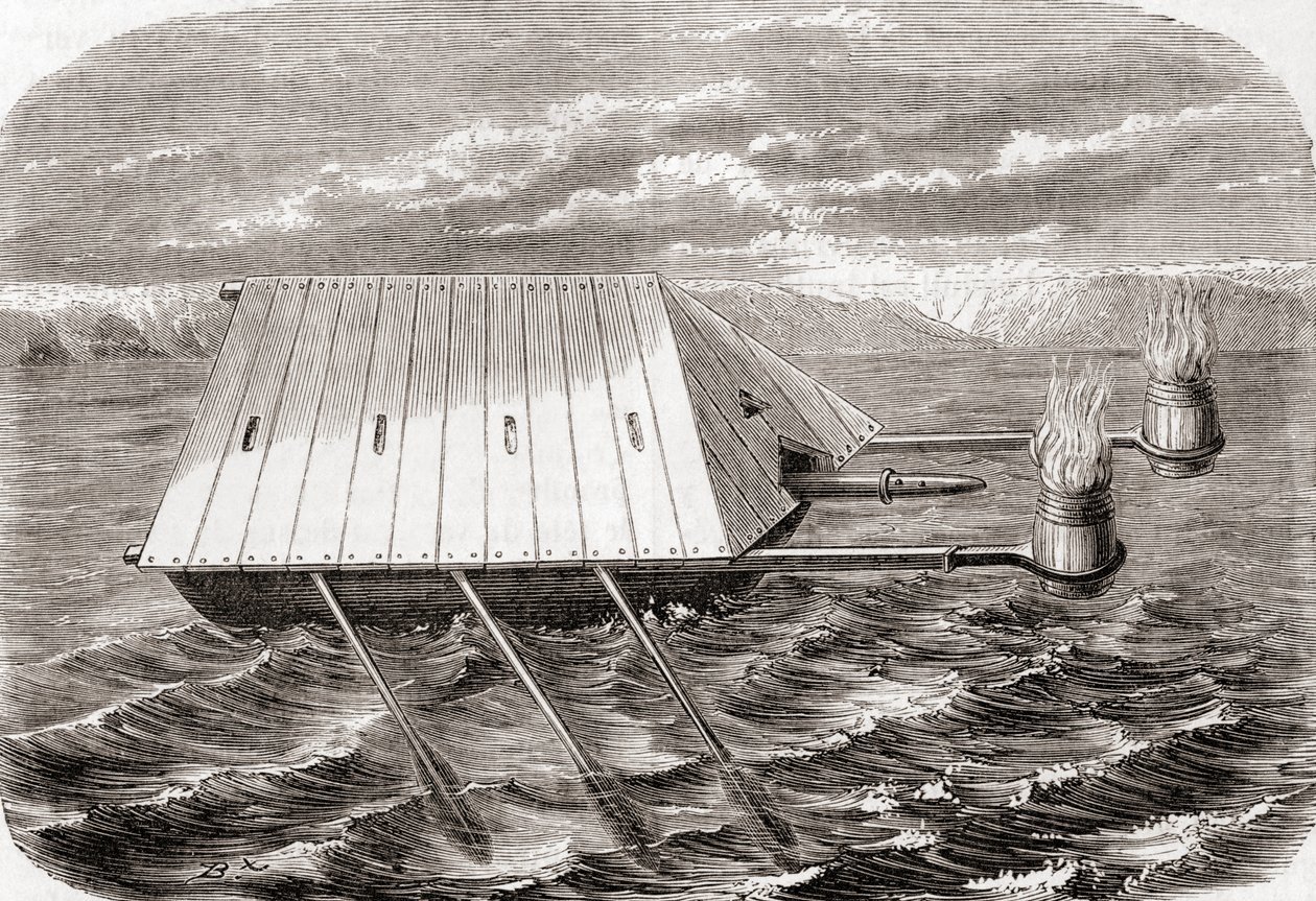 Egy görög tűzoltóhajó, egy 13. századi latin kézirat rajza alapján, a Les Merveilles de la Science-ből, 1870 körül megjelent (metszet) alkotó: French School