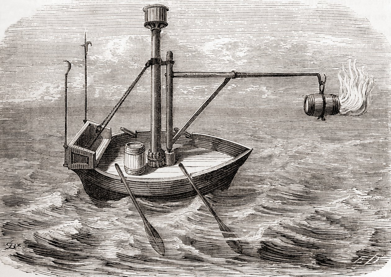 Egy görög tűzoltóhajó, egy 13. századi latin kézirat rajza alapján, a Les Merveilles de la Science-ből, 1870 körül megjelent (metszet) alkotó: French School