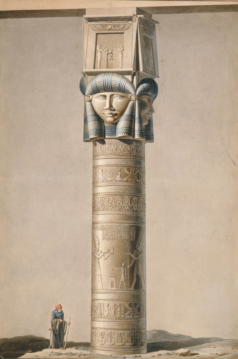 Egy Hathor fejű oszlop Dendarahban, Edmonde Francois Jomard (1777-1862) Egyiptom leírása című illusztrációja, 1809-22 között (wc papíron) alkotó: French School