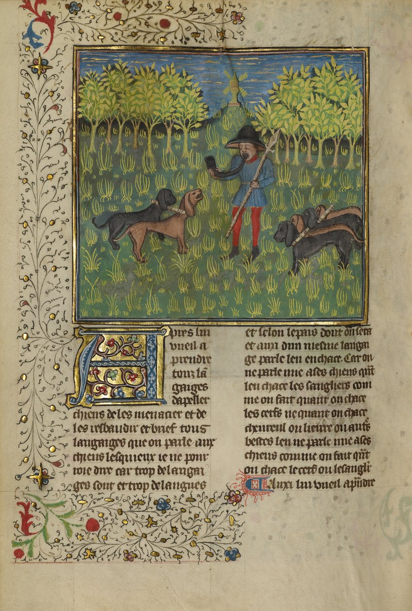 Egy vadász arra tanítja a kutyákat, hogy válaszoljanak a kürt hívására, 1430-40 körül (tempera, arany és ezüst festék és aranylevél pergamenen) alkotó: French School