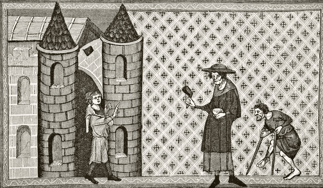 A Leper House, Paul Lacroix (1806-84) „Tudomány és irodalom a középkorban” című művéből, 1878-ban jelent meg Londonban. alkotó: French School