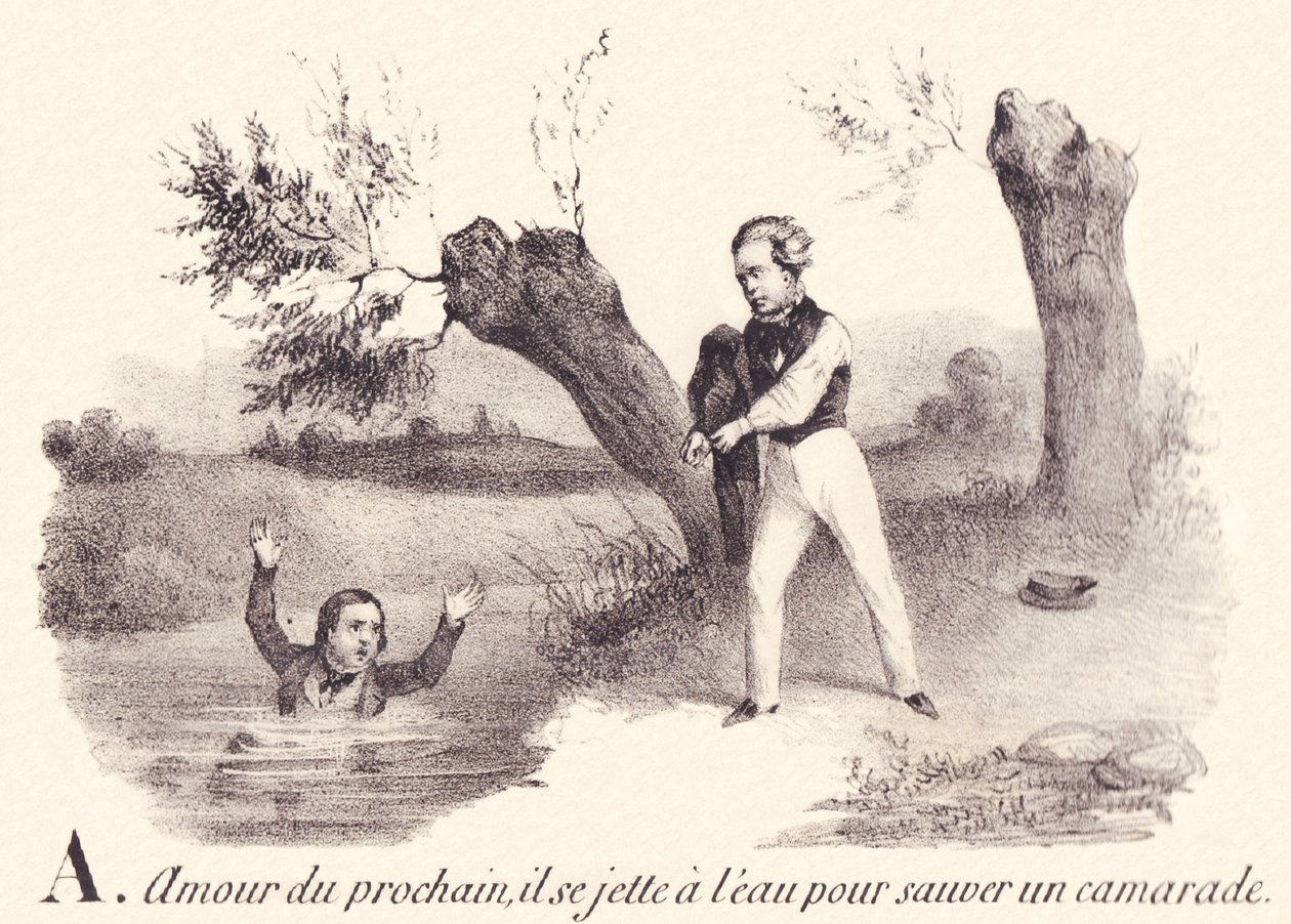 V: Felebaráti szeretet, a vízbe veti magát, hogy megmentsen egy elvtársat. alkotó: French School