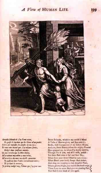 Halálba vitt ember, illusztráció az „Emberi élet nézetéből” Marin Le Roy de Gomberville (1600-74) „Az erkölcs tanai” című művéből, Daret metszet (metszet) alkotó: French School
