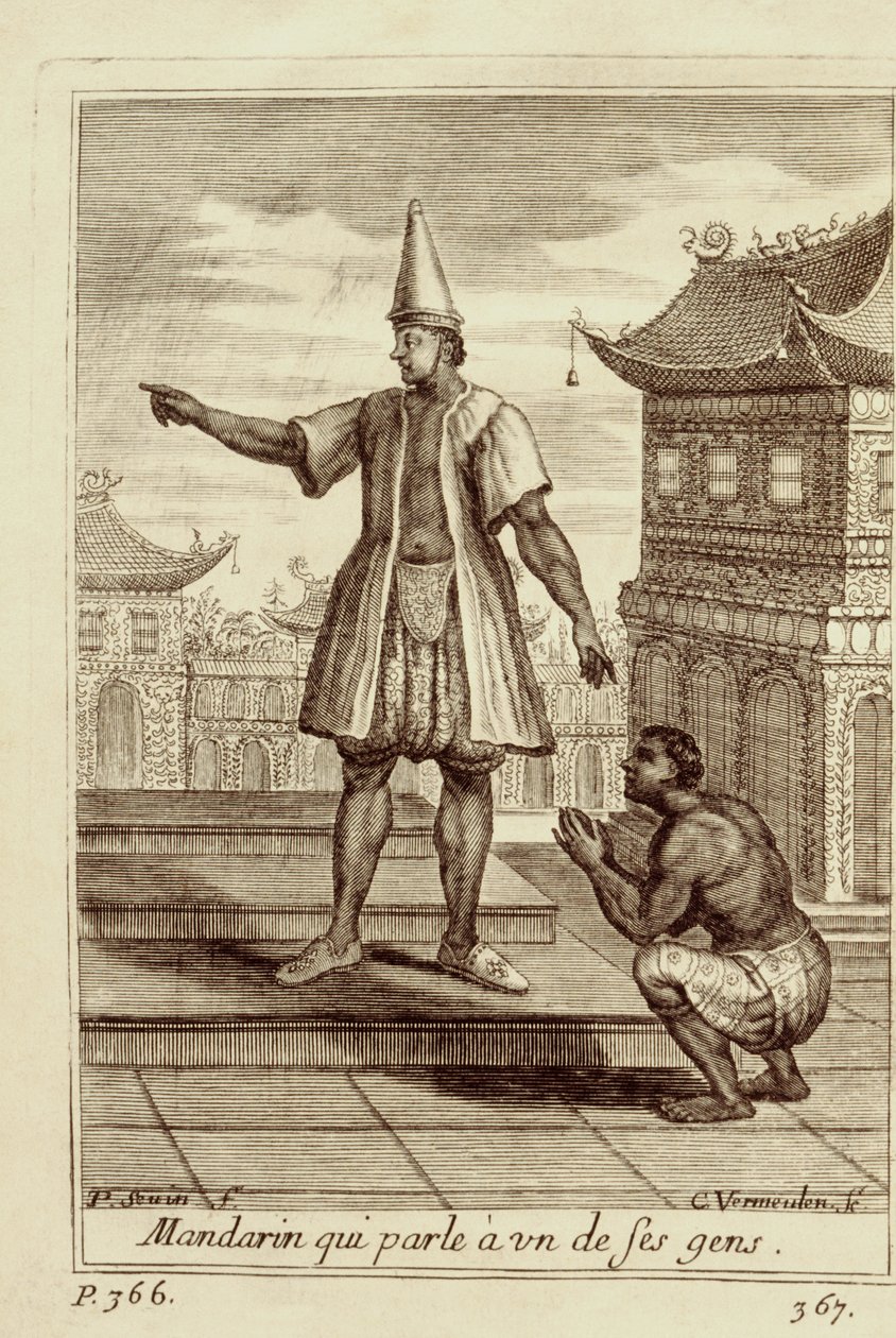 Egy mandarin férfi beszélget az egyik emberével, Guy Tachard Voyage du Siam des Peres Jesuites című sorozatából, 1688 alkotó: French School