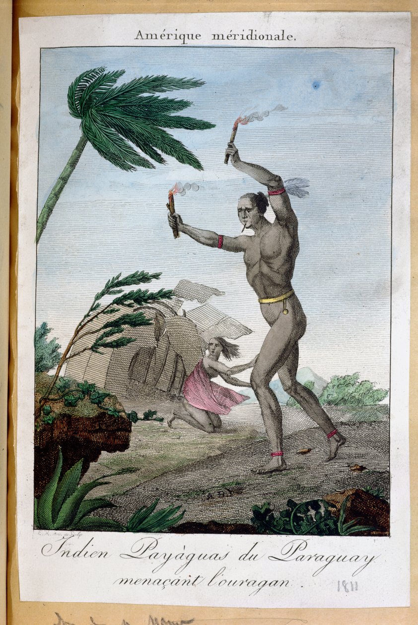 Egy payaguasi indiai sámán megpróbál elhárítani egy hurrikánt, Paraguay, 1811 alkotó: French School
