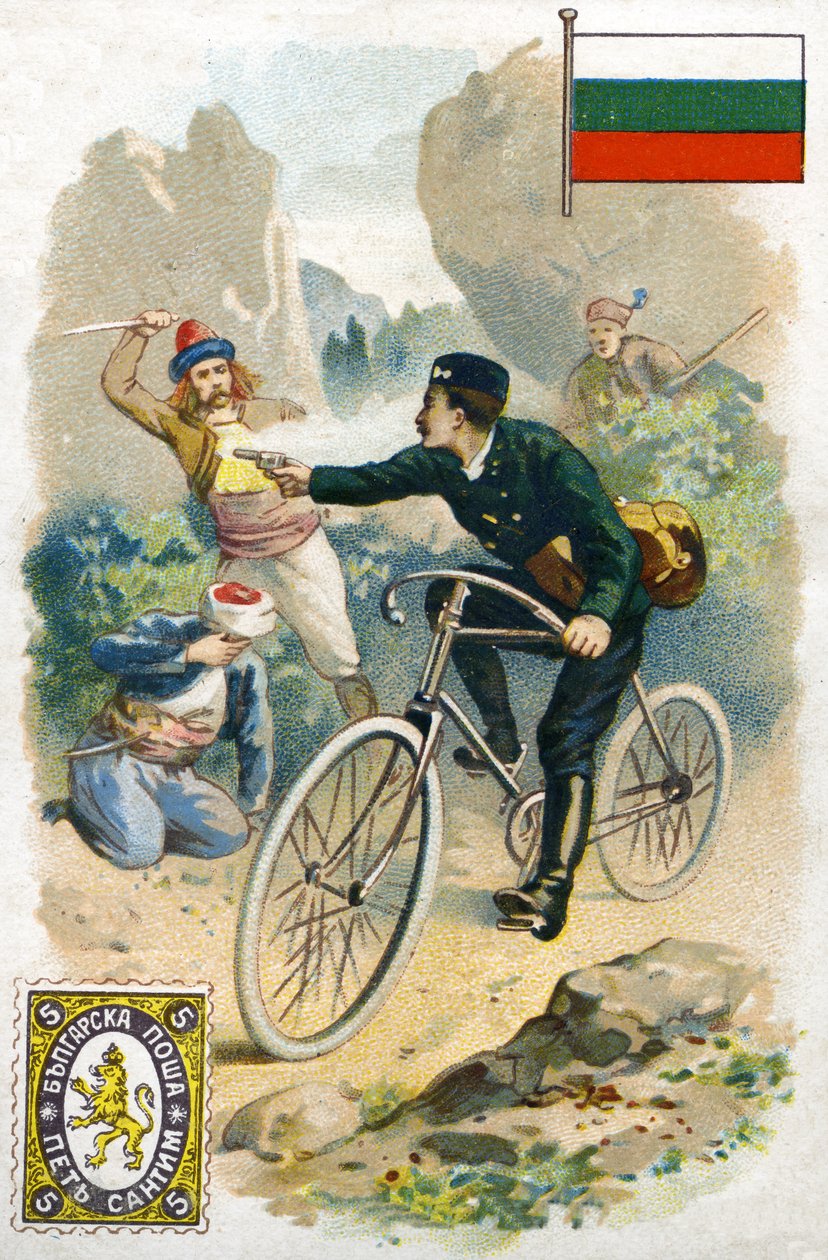 Egy postás Bulgáriában, aki rablók ellen küzd, a 19. század végén alkotó: French School
