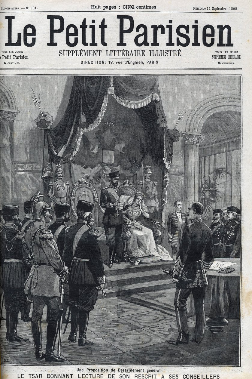 Javaslat az általános leszerelésre (az európai hatalmaknak) – II. Miklós cár (1868-1918) felolvassa tanácsadóinak recenzióját. Le Petit Parisien alkotó: French School