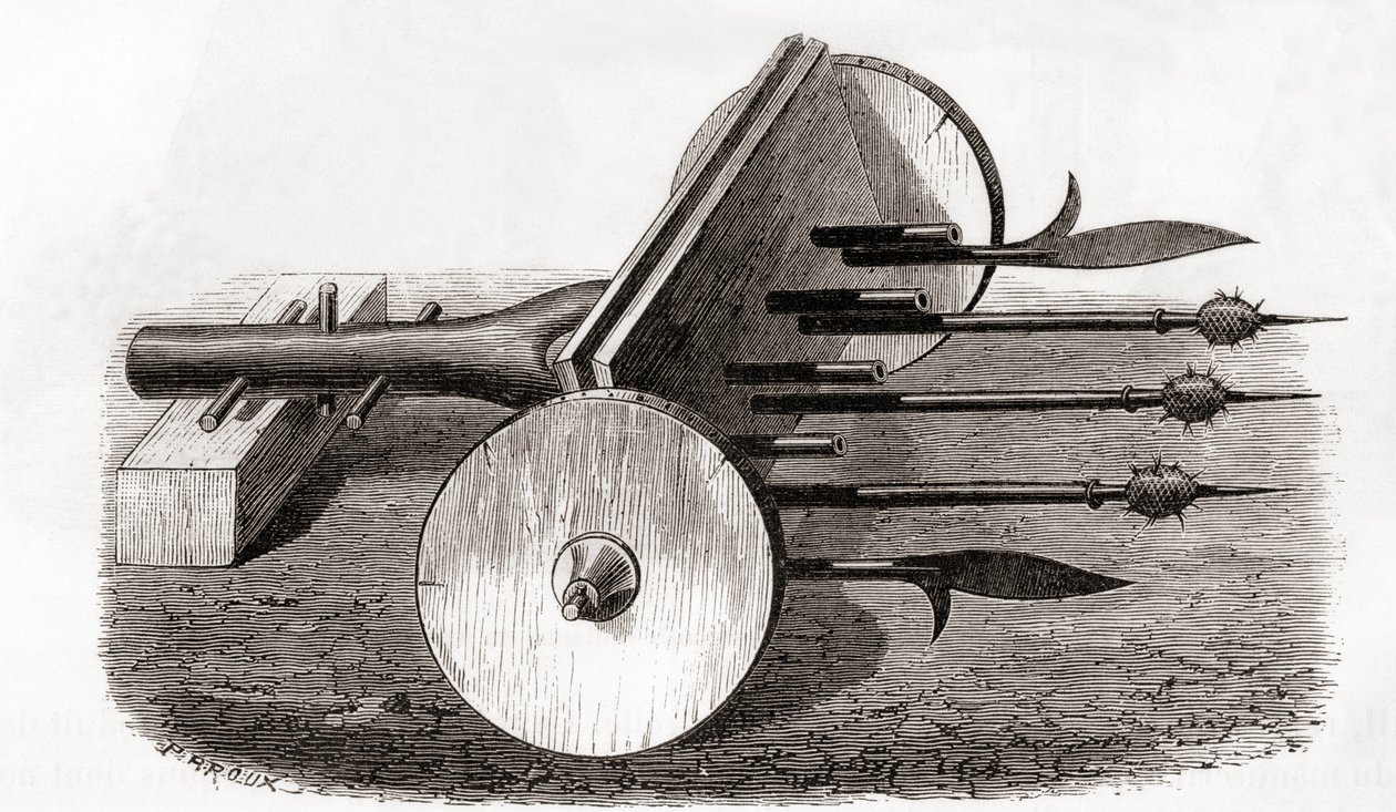 Ribauldequin, pokolgép- vagy orgonafegyver, kis ágyúkkal és csukákkal felfegyverkezve, a Les Merveilles de la Science-ből, megjelent 1870 körül (metszet) alkotó: French School