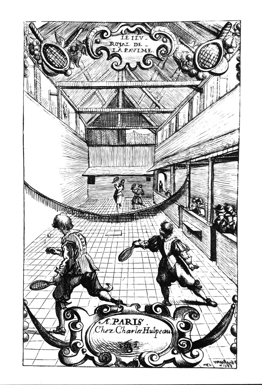 Királyi teniszjáték a versailles-i Jeu de Paume-ban, kiadó: Charles Hulpeau alkotó: French School