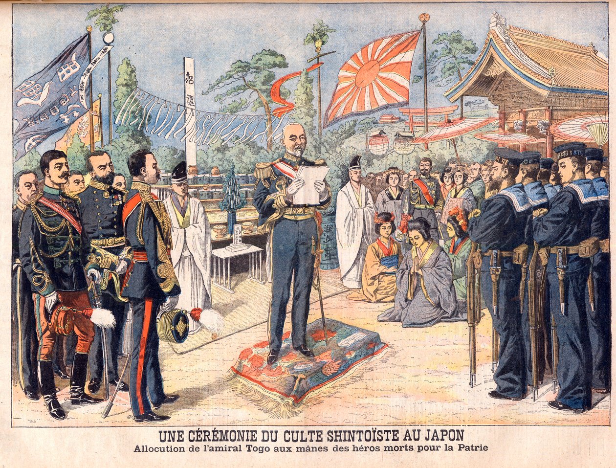 Sintó szertartás Japánban. Togo admirális az orosz-japán háborúban meggyilkolt japán hősök szelleméhez szól A sintoista istentisztelet szertartása Japánban. Togo admirális beszéde (Togo Heihachiro alkotó: French School